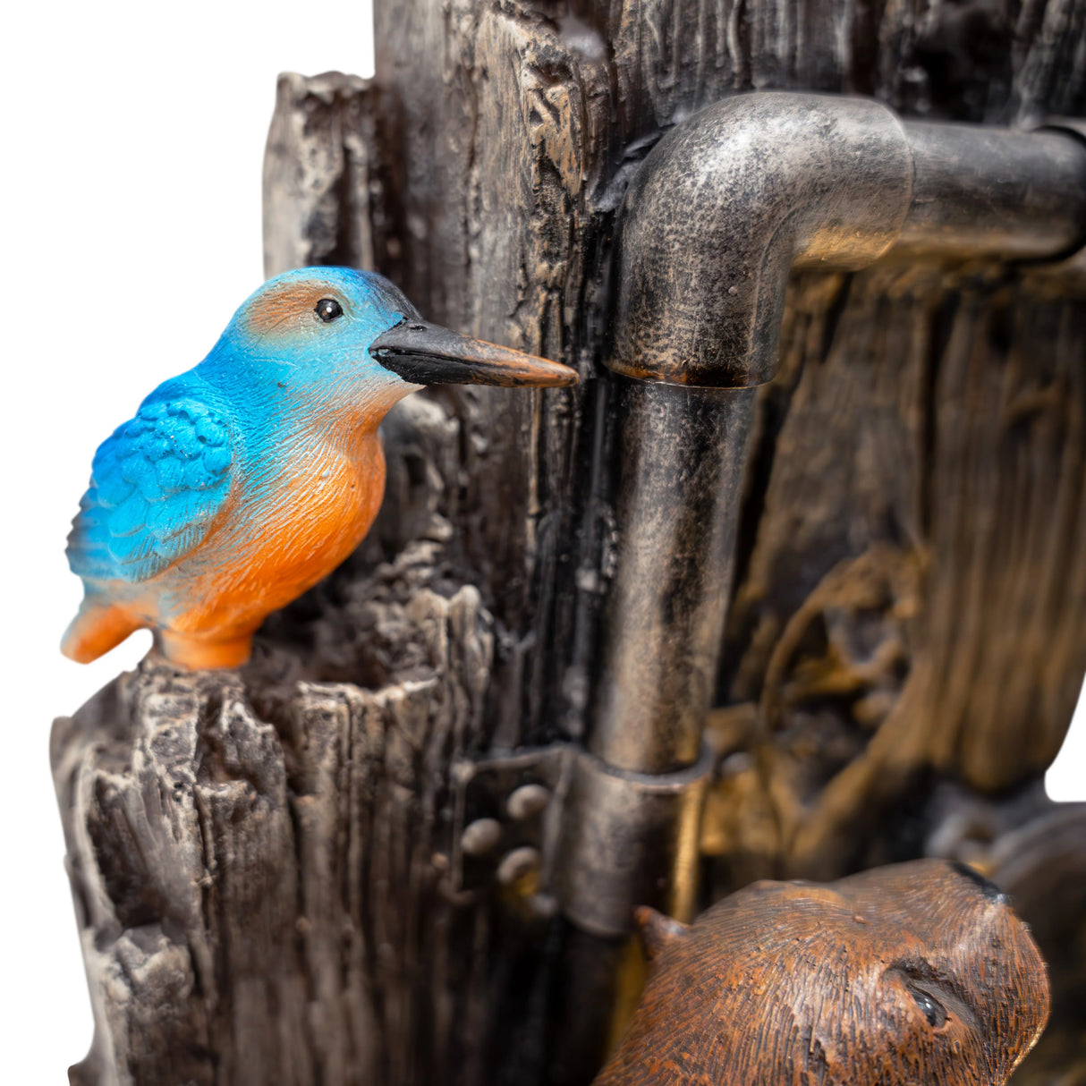 Colorful blue and orange bird perched on a textured, rustic water feature with a detailed otter design and metallic pipes