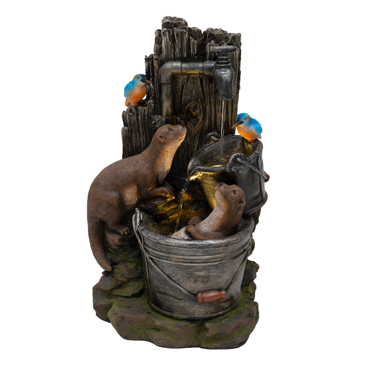 Electric water feature depicting playful otters by a rustic wooden backdrop, with vibrant bluebirds perched nearby and flowing water