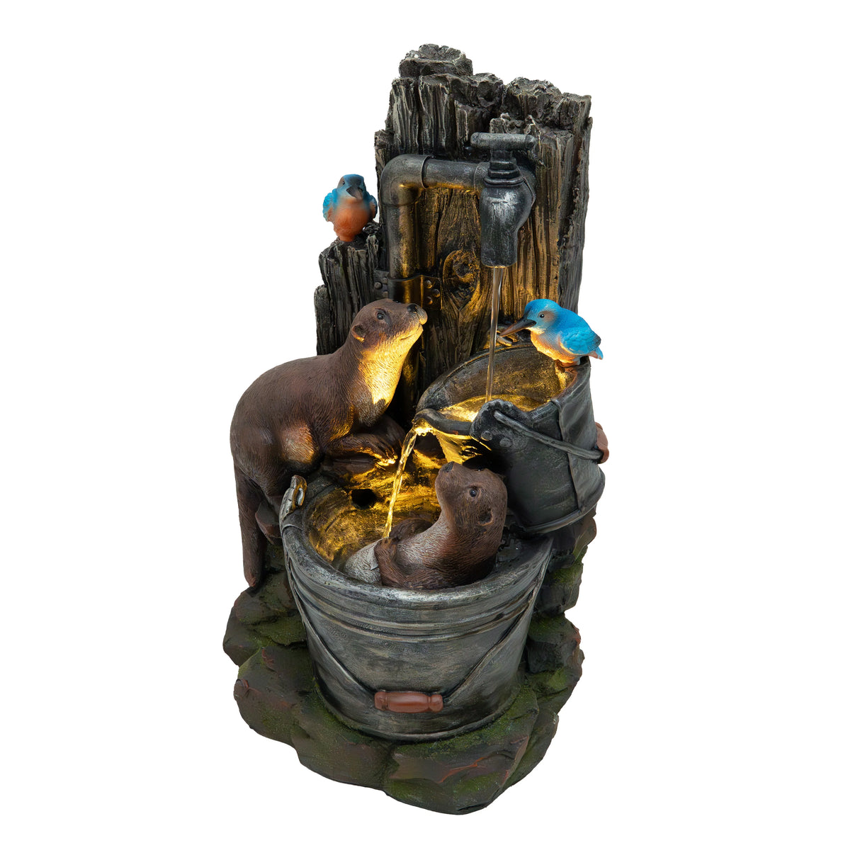 Otter Oasis electric water feature with two playful otters in rustic buckets, surrounded by vibrant bluebirds and textured wood details