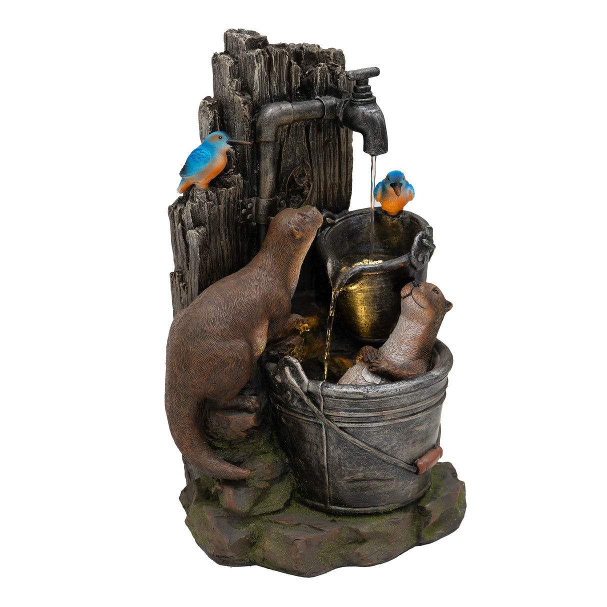 Electric Water Feature - Otter Oasis with realistic otters and colorful birds, featuring a rustic bucket and flowing water design