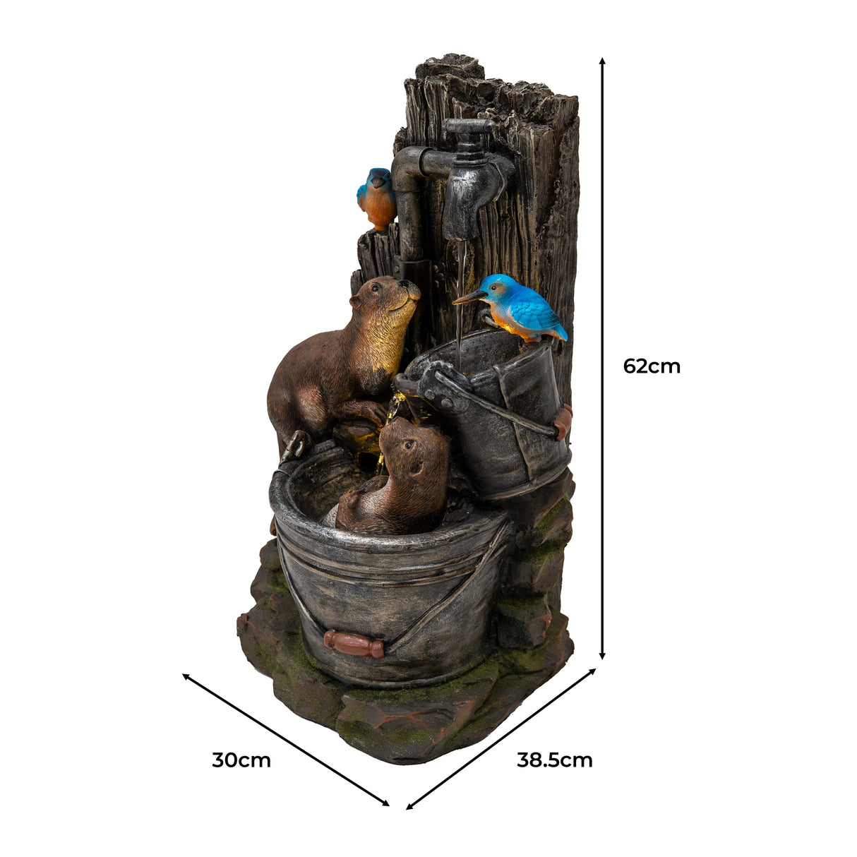 Electric water feature Otter Oasis with playful otters and vibrant bluebirds, detailed resin design, rustic wood and stone textures