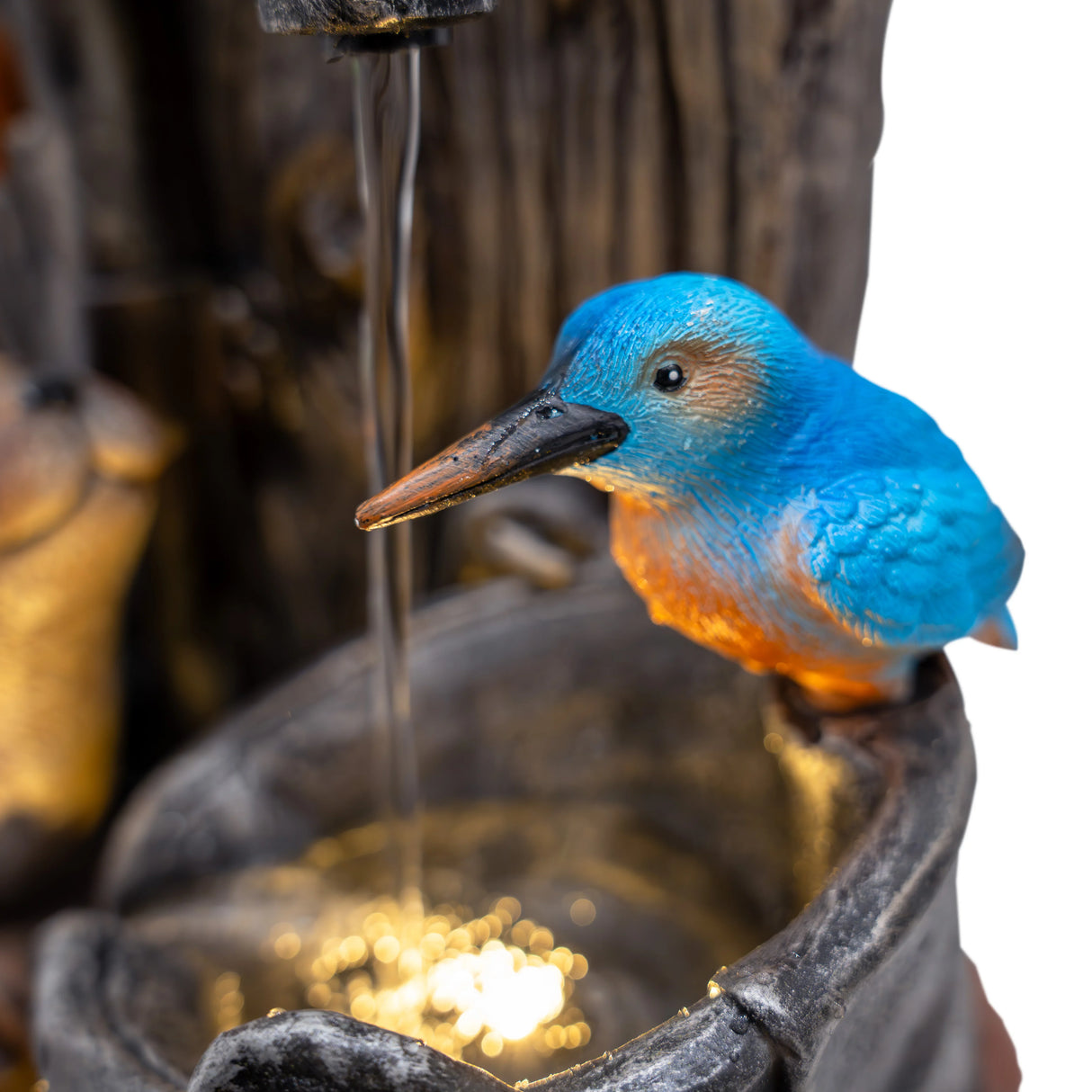 Colorful blue and orange kingfisher perched on a rustic water feature, with flowing water and illuminated basin creating a serene ambiance