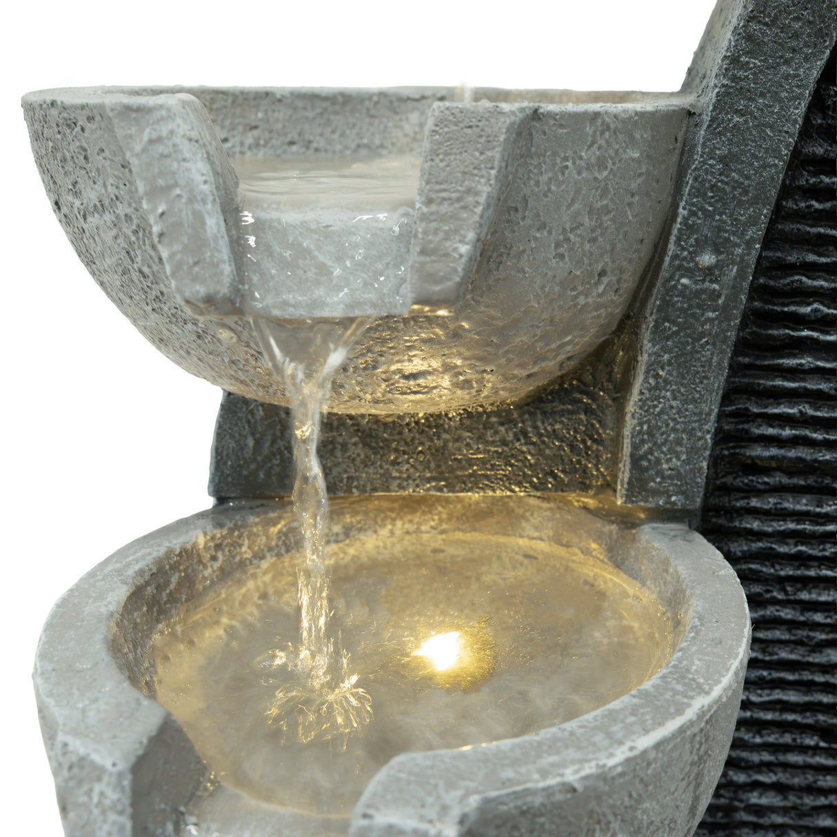 Sleek Streams electric water feature with two textured gray bowls, cascading water, and a soft glow from an integrated light