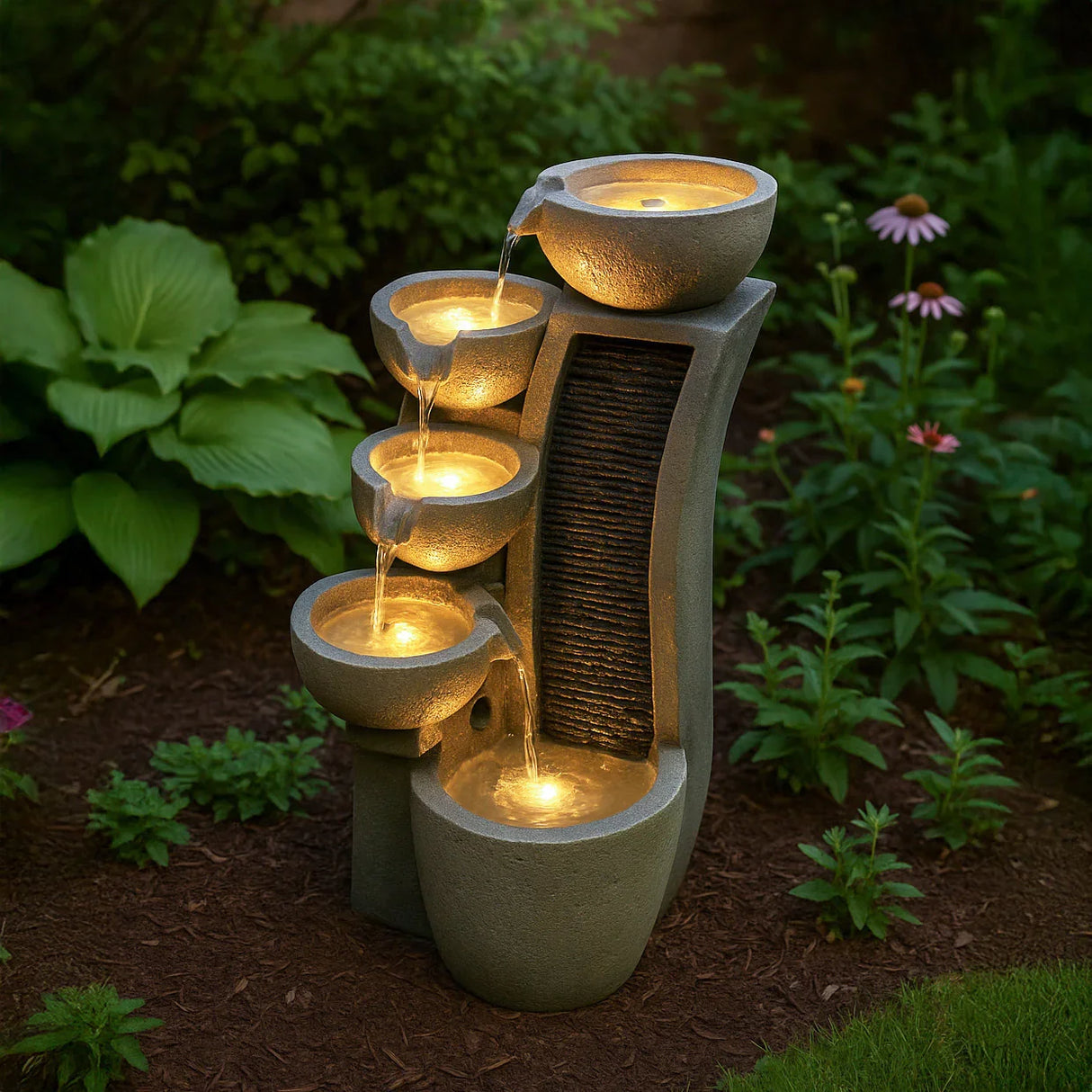 Sleek electric water feature with five tiered bowls, illuminated by soft lights, surrounded by lush greenery and flowers