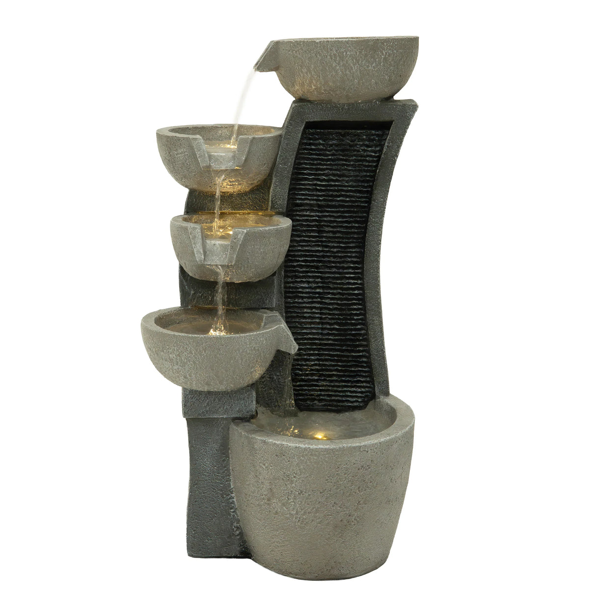 Sleek electric water feature with four cascading bowls, textured gray stone finish, and illuminated base for a serene ambiance