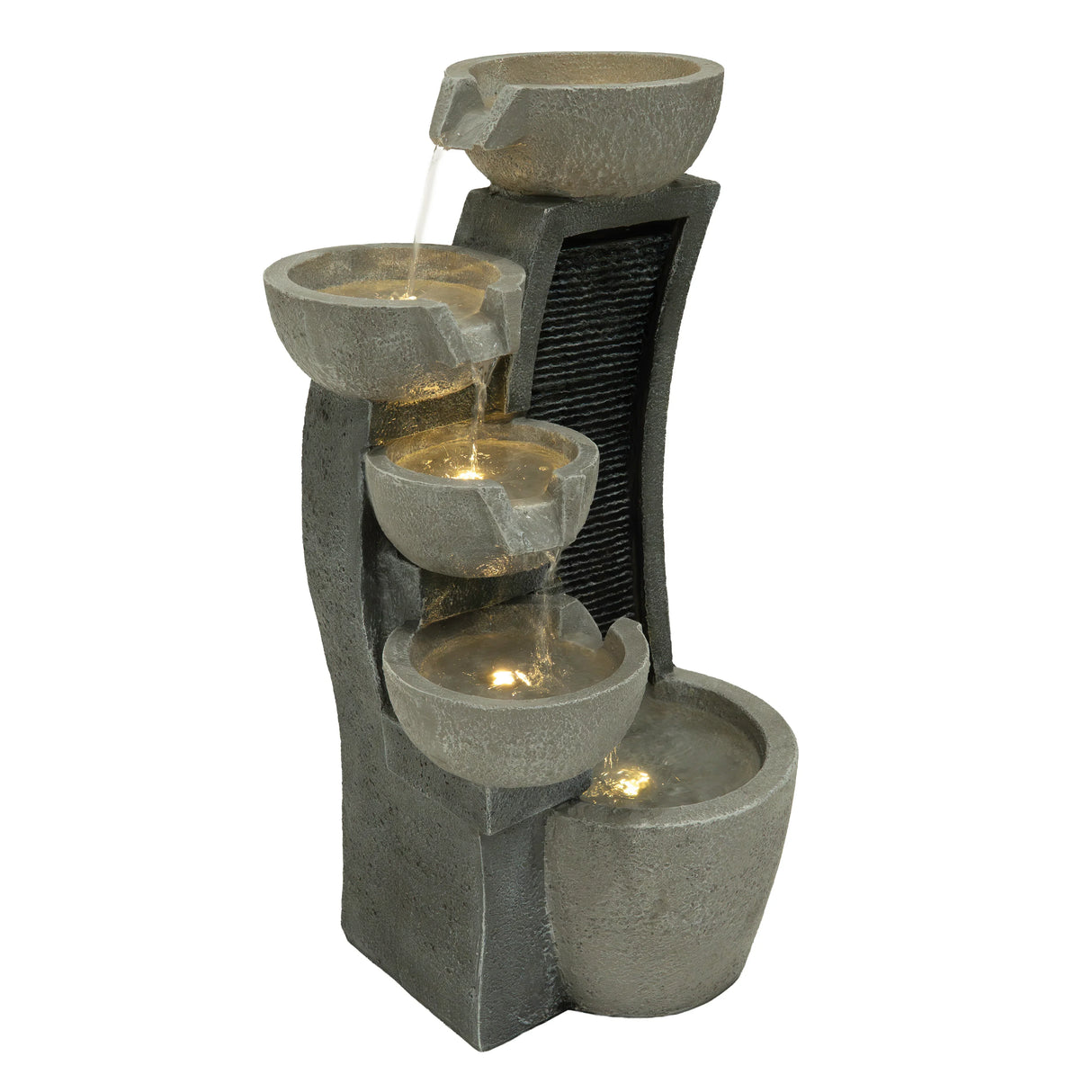 Sleek electric water feature with four cascading bowls, textured gray stone finish, and illuminated water streams for a tranquil ambiance