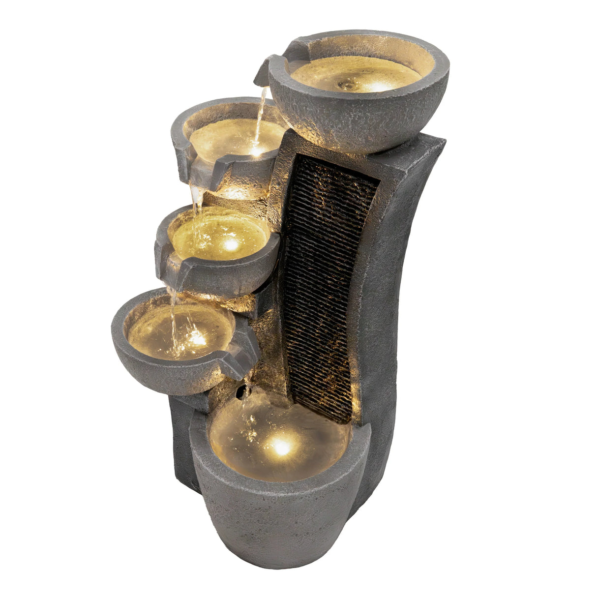 Sleek Streams electric water feature with cascading bowls, textured gray stone finish, and illuminated water flow for serene ambiance