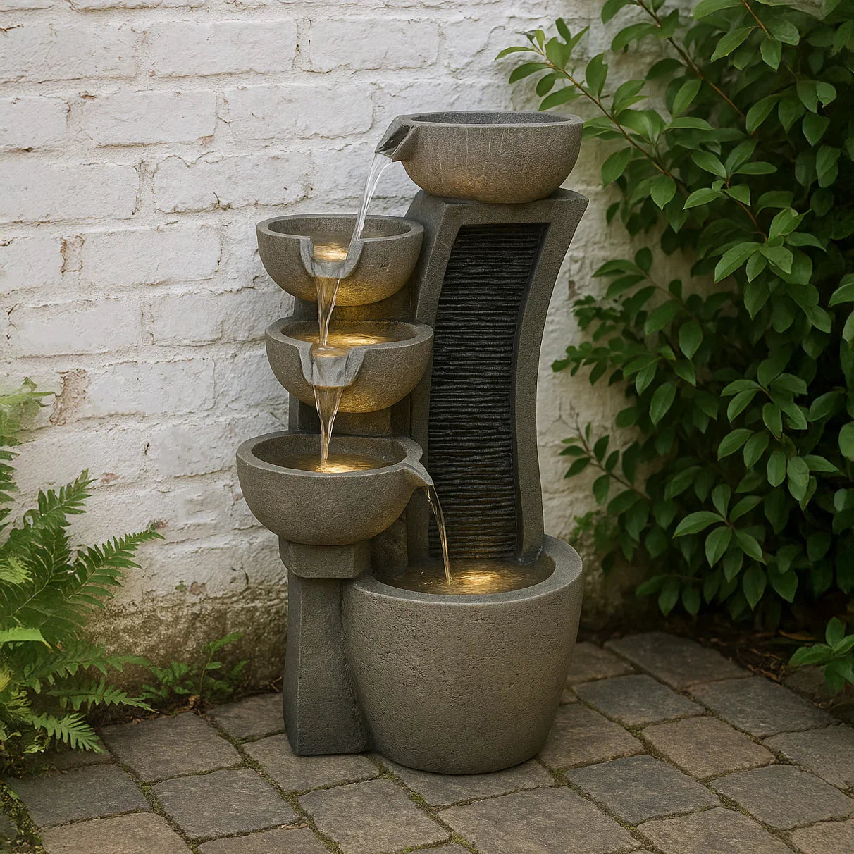 Sleek Streams electric water feature with four cascading bowls, textured stone finish, and soft LED lighting against a brick wall