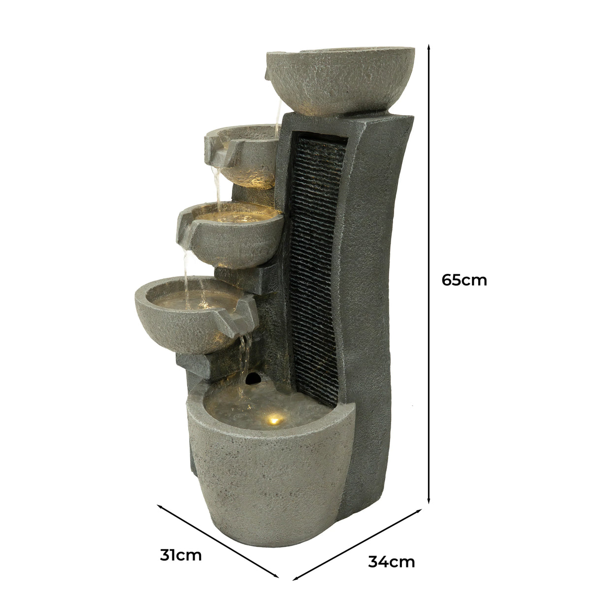 Sleek gray electric water feature with four cascading bowls, textured surface, and illuminated base, measuring 65cm tall and 34cm wide
