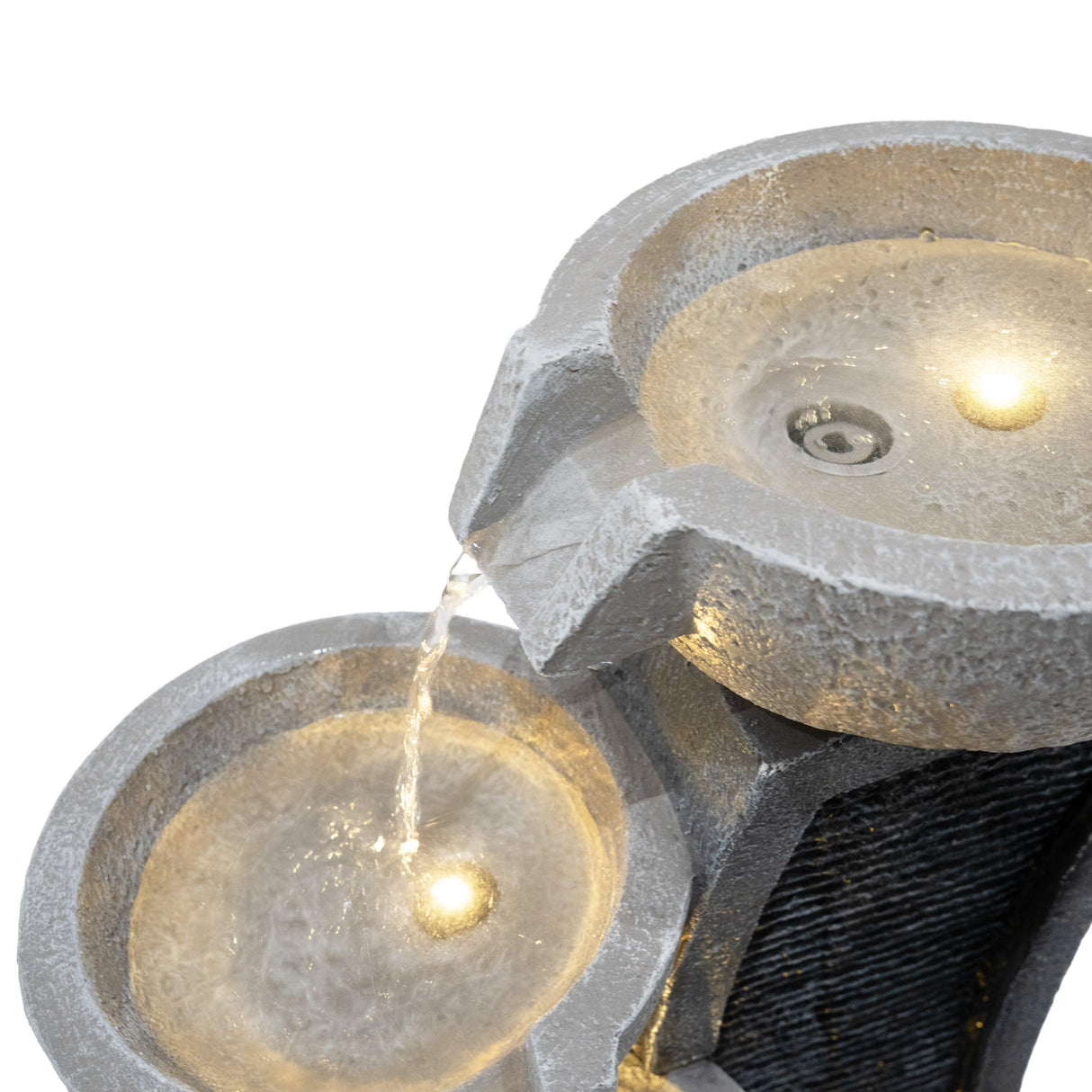 Sleek Streams electric water feature with two circular basins, smooth grey stone texture, and gentle water flow illuminated by soft lights