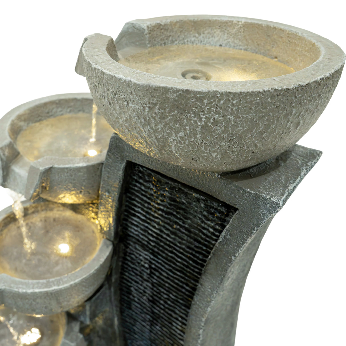 Sleek Streams electric water feature with three textured bowls, cascading water, and a modern stone finish, perfect for outdoor decor