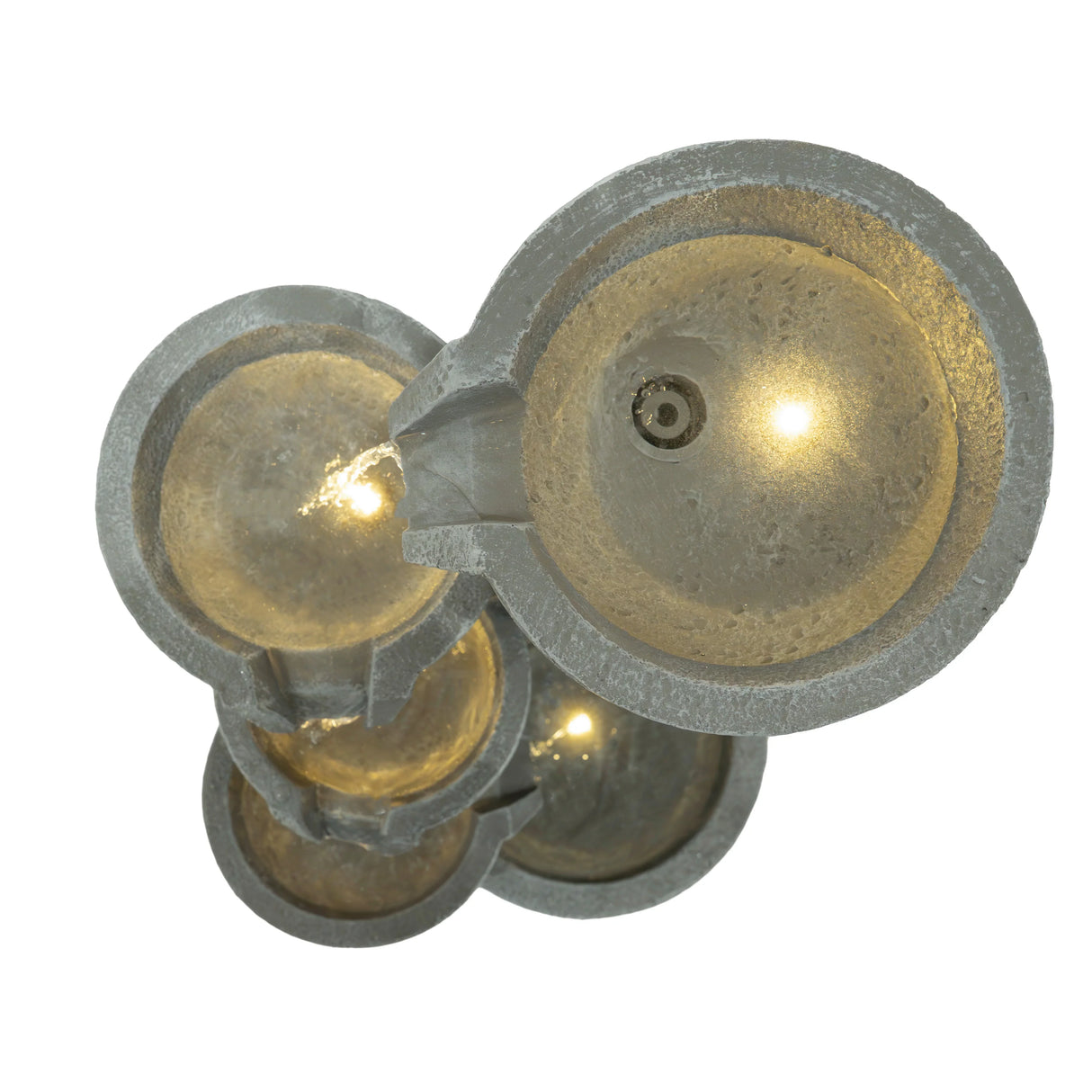 Sleek Streams electric water feature with three circular basins, textured gray stone, and soft glowing lights creating a tranquil ambiance