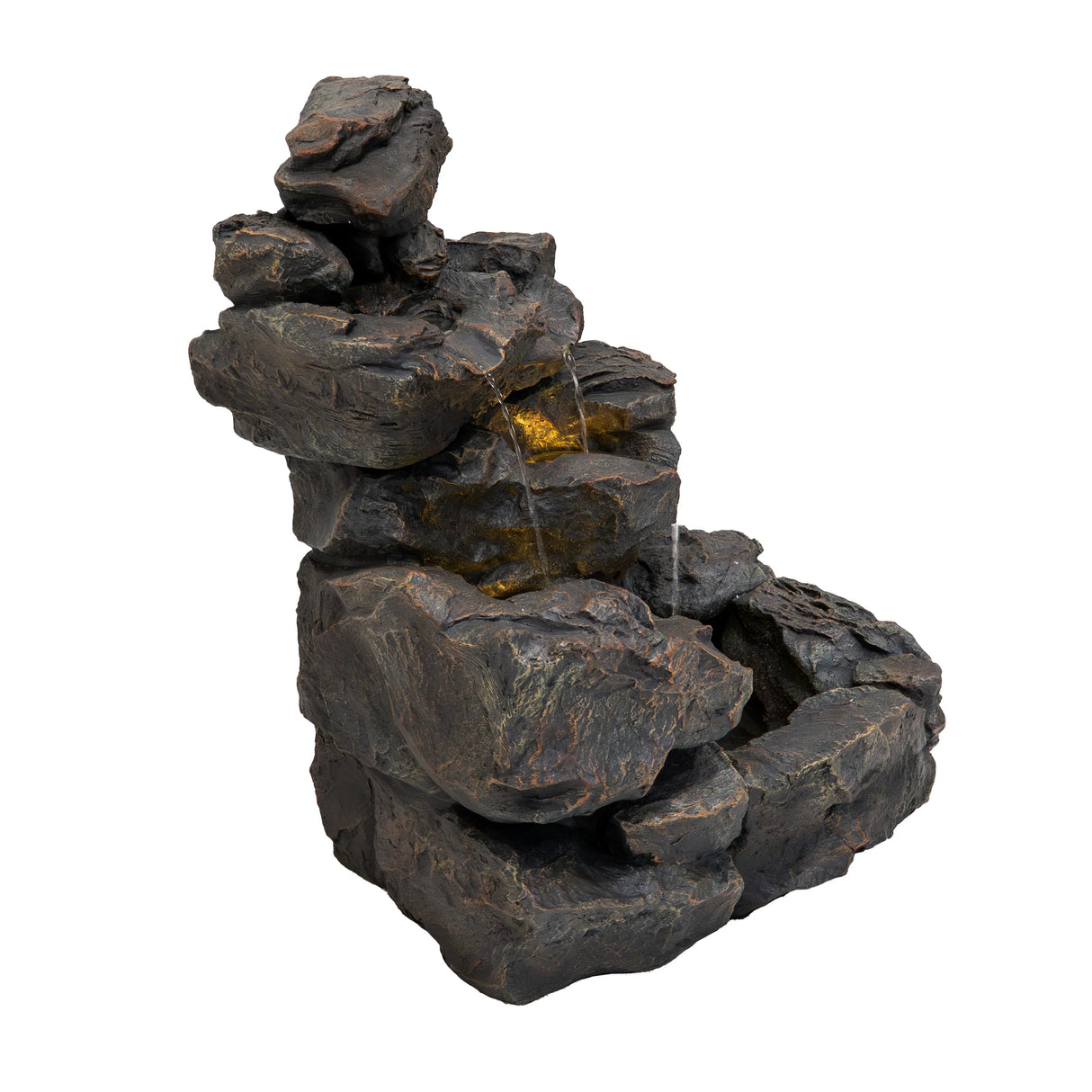 Rustic Rapids electric water feature with textured, dark stone-like finish, cascading water, and natural rock design for outdoor decor