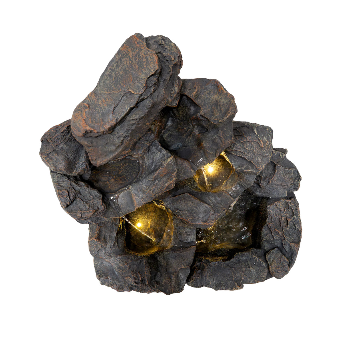 Rustic Rapids electric water feature with textured dark rock design, illuminated water cascades, perfect for outdoor or indoor decor