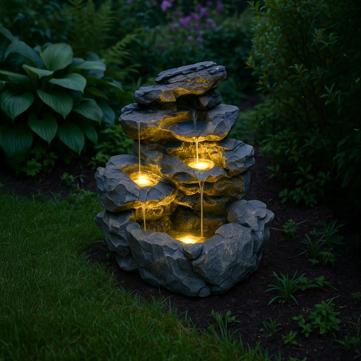 Rustic Rapids electric water feature with three cascading water tiers, illuminated by soft lights, surrounded by lush greenery