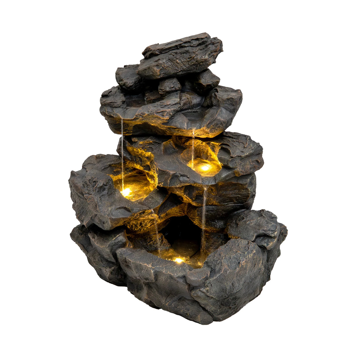 Rustic Rapids electric water feature with cascading waterfalls, textured dark stone finish, and illuminated pools for a serene ambiance