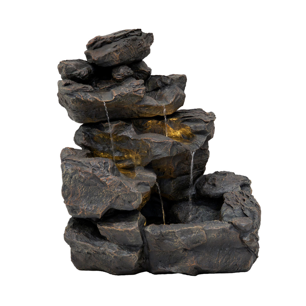 Rustic Rapids electric water feature with a textured stone design, featuring cascading water over dark gray rocks and a serene basin