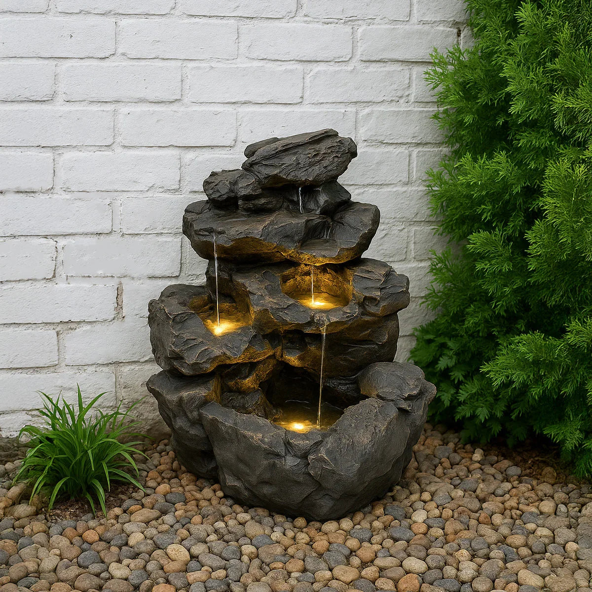Rustic Rapids electric water feature with three cascading tiers, textured stone finish, illuminated by warm LED lights, surrounded by greenery