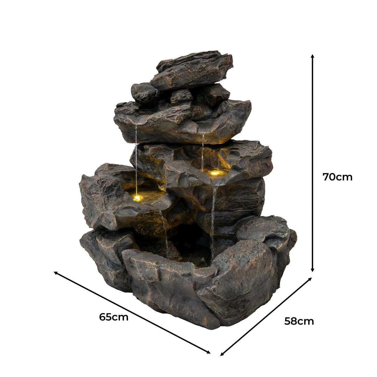 Rustic Rapids electric water feature with a multi-tiered rock design, soft LED lighting, and flowing water for a tranquil ambiance