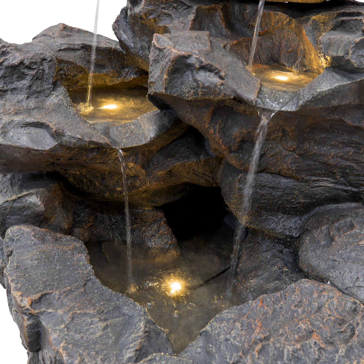 Rustic Rapids electric water feature with cascading waterfalls, illuminated pools, and textured stone finish in natural gray tones