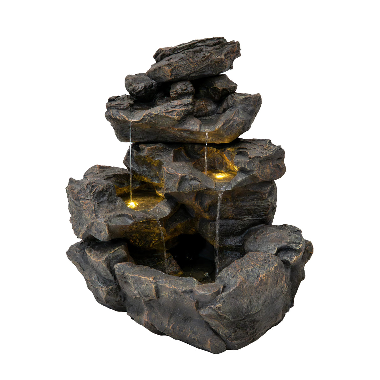 Rustic Rapids electric water feature with textured rock design, multiple cascading waterfalls, and soft glowing lights for ambiance