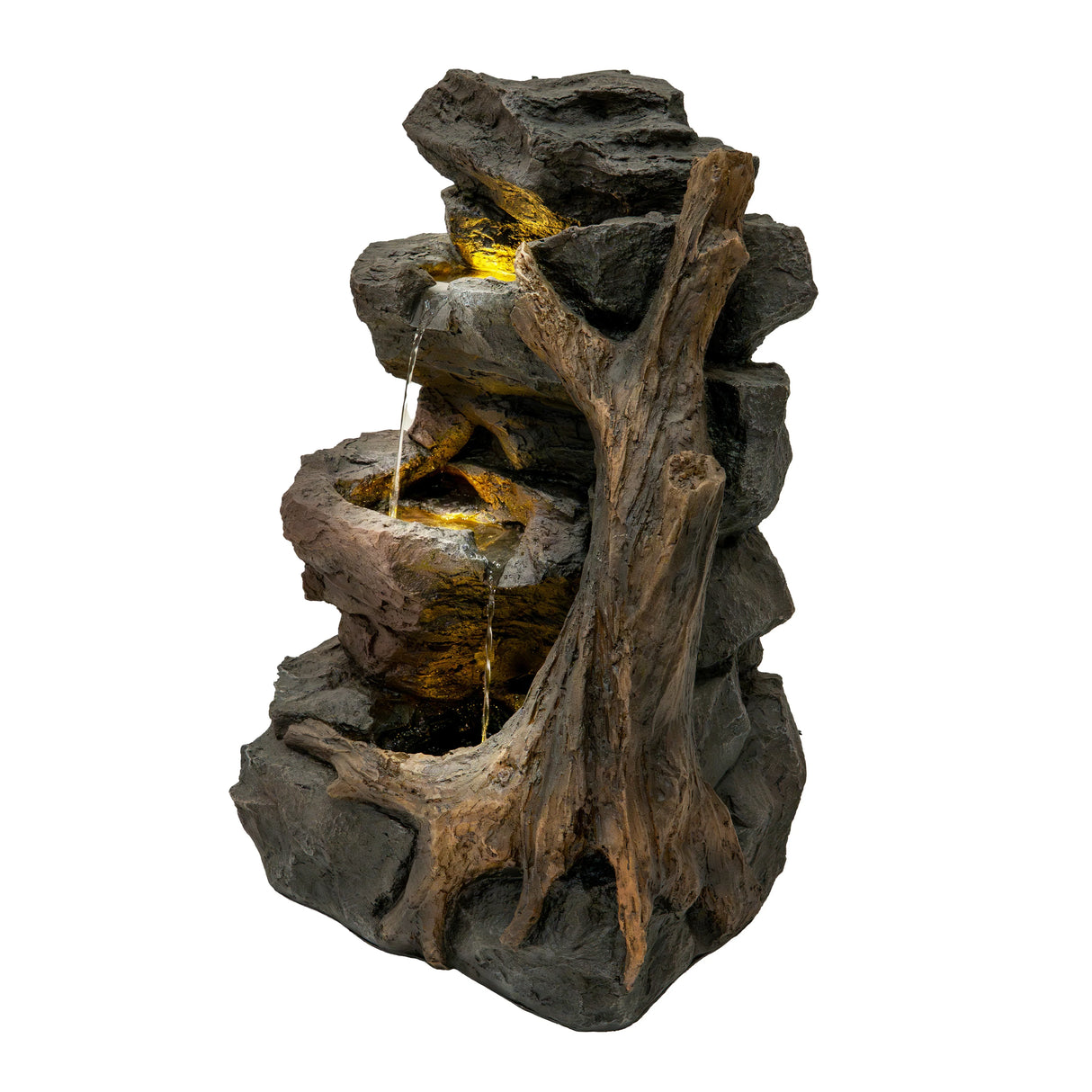 Electric water feature Willow Springs with realistic stone texture, cascading water, and a natural wood-like design in earthy tones