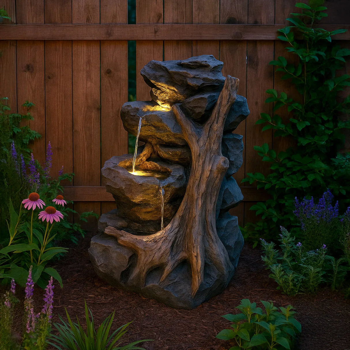 Electric water feature Willow Springs with realistic rock texture, illuminated cascading water, and natural wood accents in a garden setting