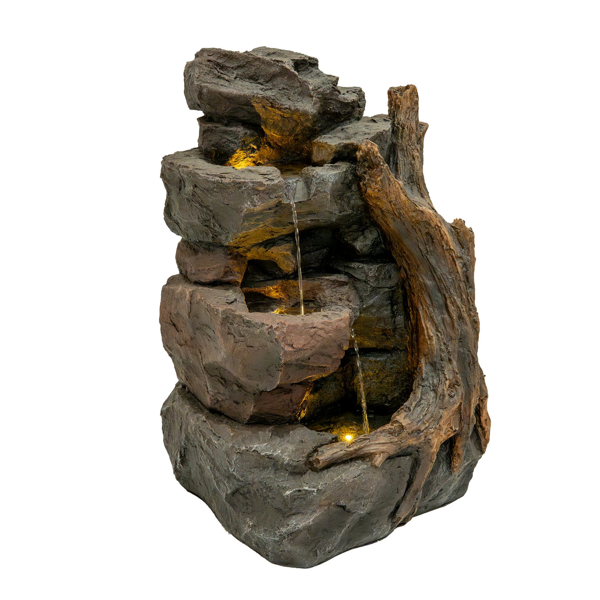 Electric water feature Willow Springs with realistic stone texture, cascading water, and illuminated accents for outdoor decor