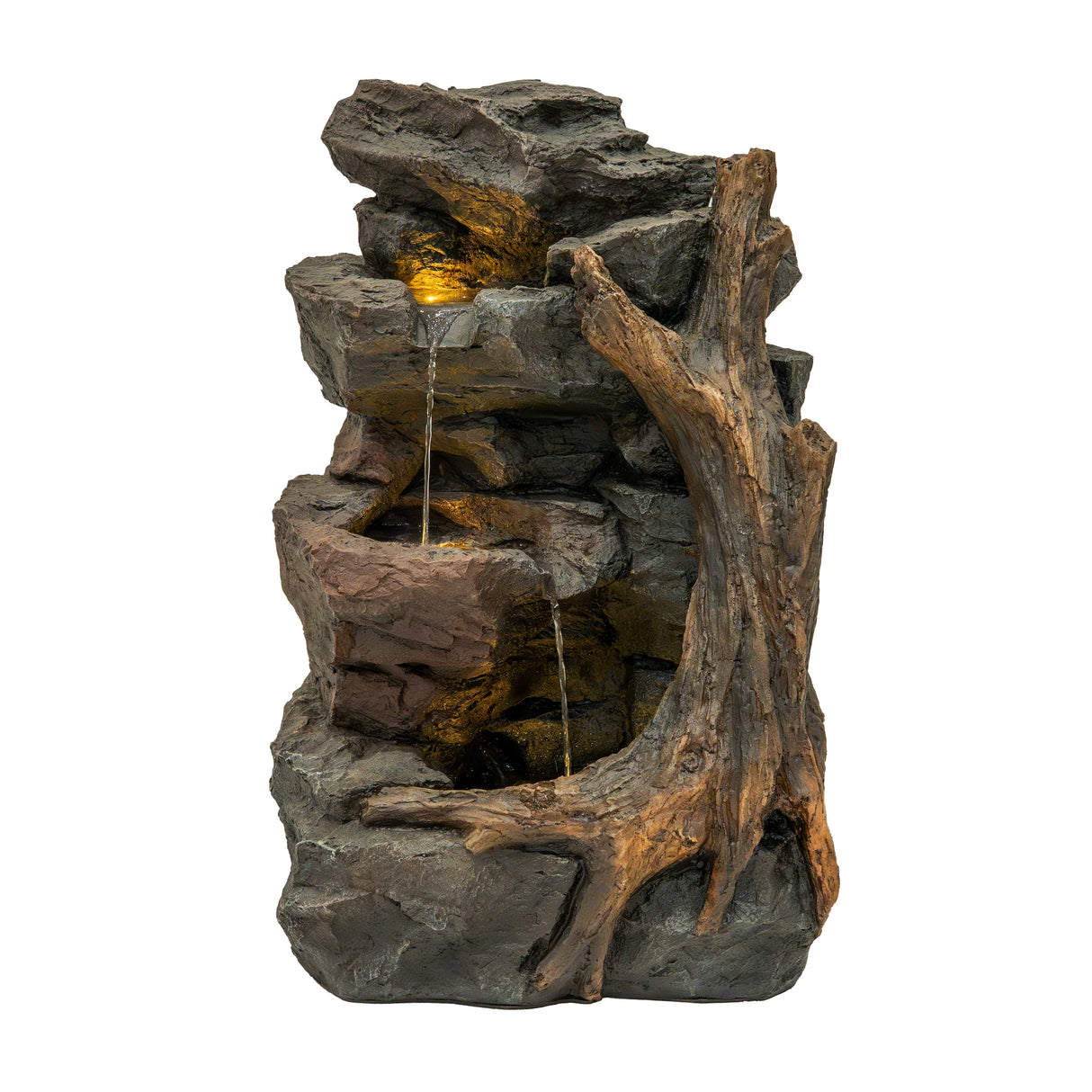 Electric water feature Willow Springs with realistic rock design, flowing water, and a natural wood accent for outdoor decor
