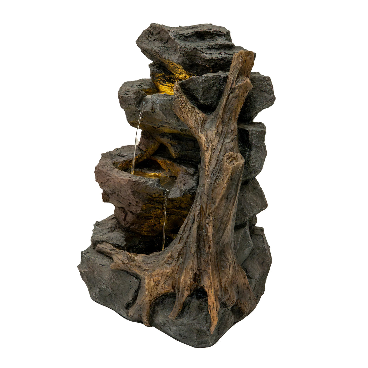 Electric water feature Willow Springs with realistic rock texture, cascading water, and a detailed tree trunk design in earthy tones