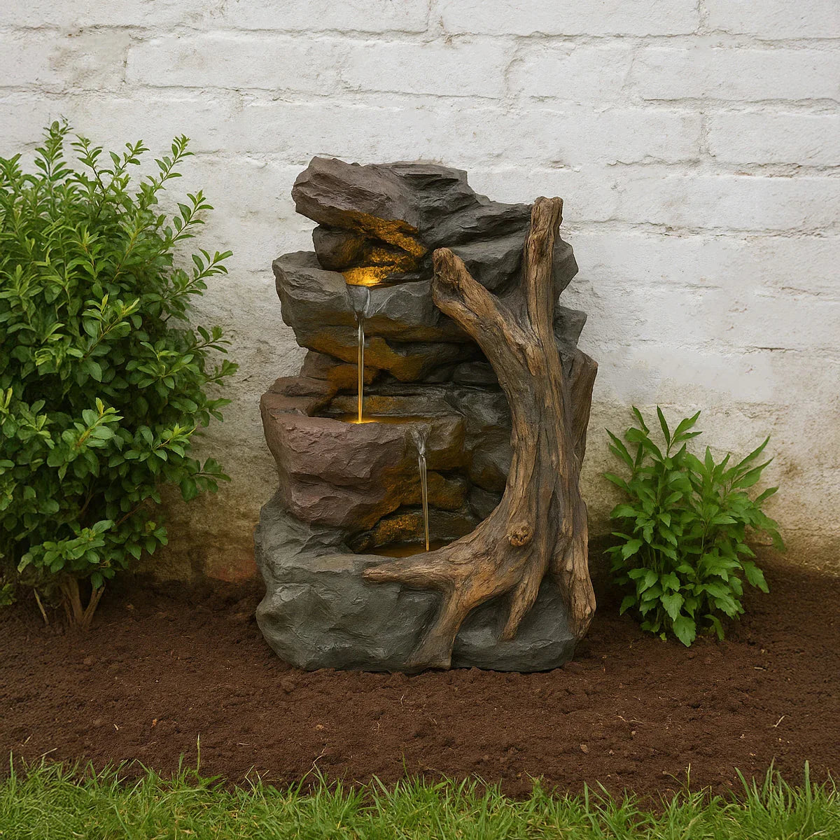 Electric water feature Willow Springs with realistic stone design, cascading water, and natural wood accents, perfect for gardens
