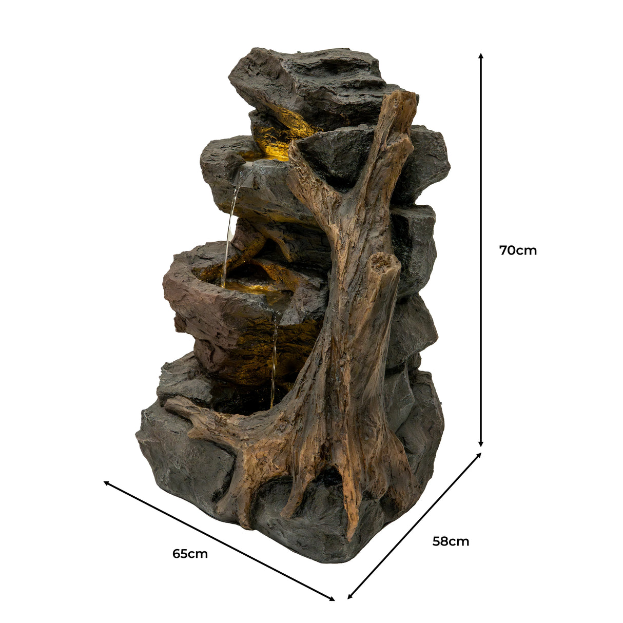 Electric water feature Willow Springs with realistic rock design, textured tree trunk, and cascading water for a serene outdoor ambiance