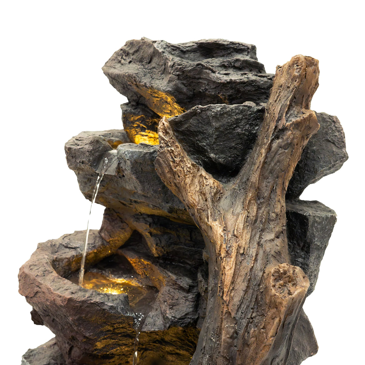 Electric water feature with realistic rock design, textured surfaces, and gentle water flow, enhancing outdoor or indoor spaces