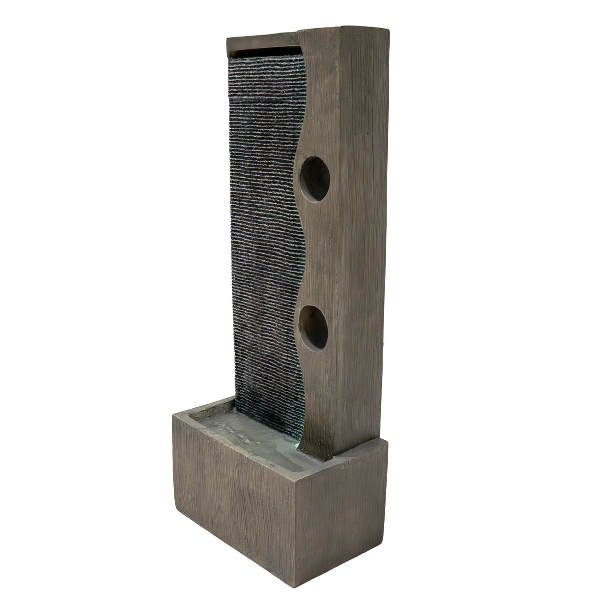 Electric water feature Harmony Falls with a textured gray stone finish, featuring a cascading water flow and two circular cutouts