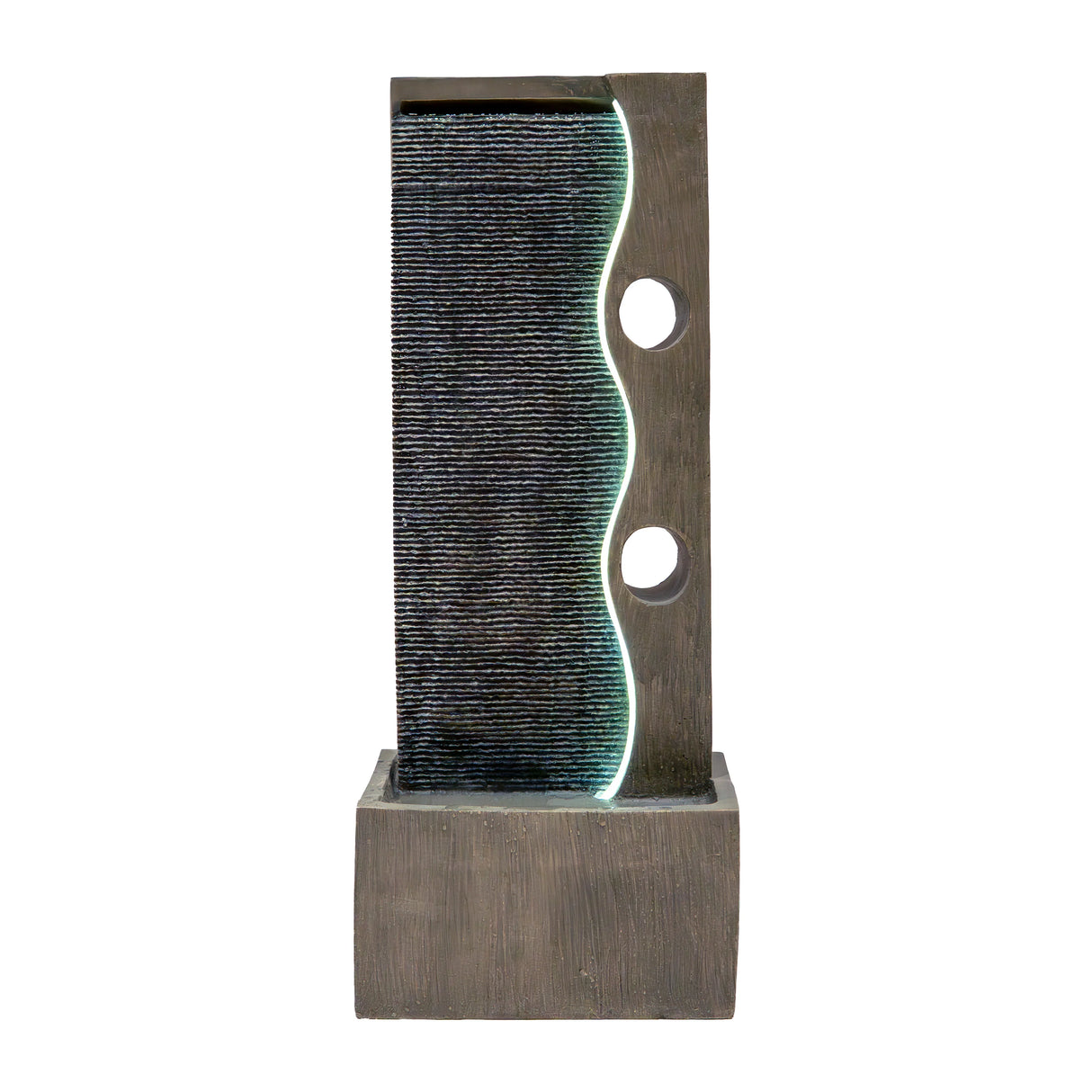 Electric water feature Harmony Falls with a sleek, modern design, textured gray stone finish, and illuminated flowing water effect