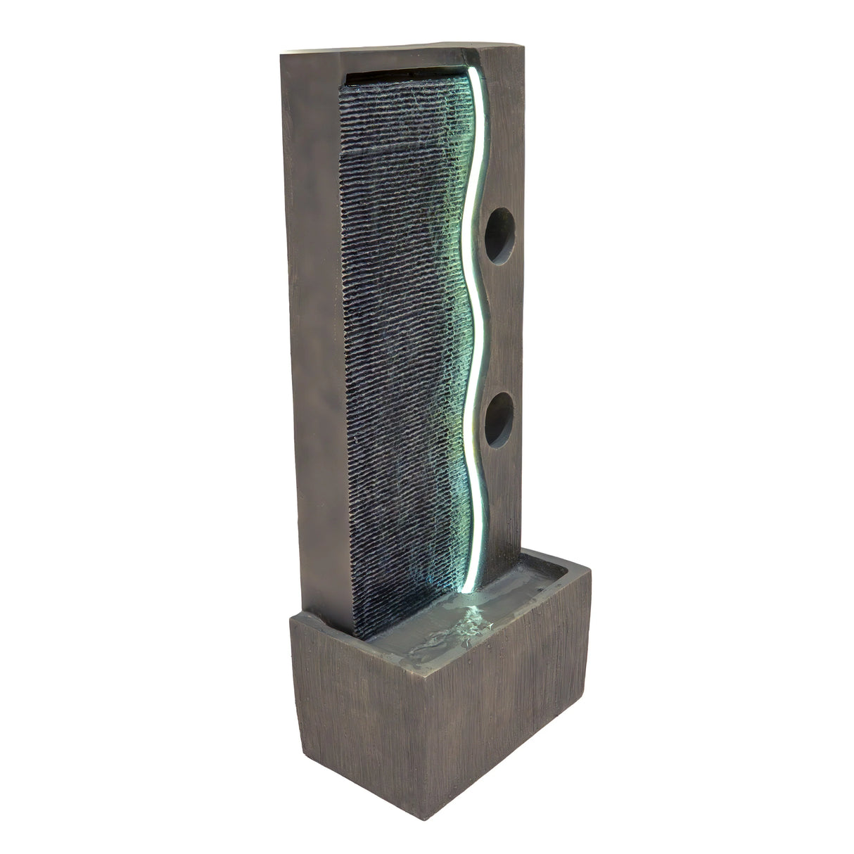 Electric water feature Harmony Falls with a sleek, modern design, featuring a textured gray surface and soothing LED light accents