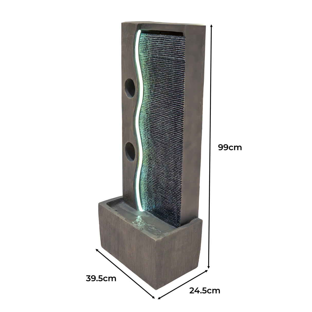 Electric water feature Harmony Falls with a sleek vertical design, textured gray finish, and soft glowing light, measuring 99cm tall