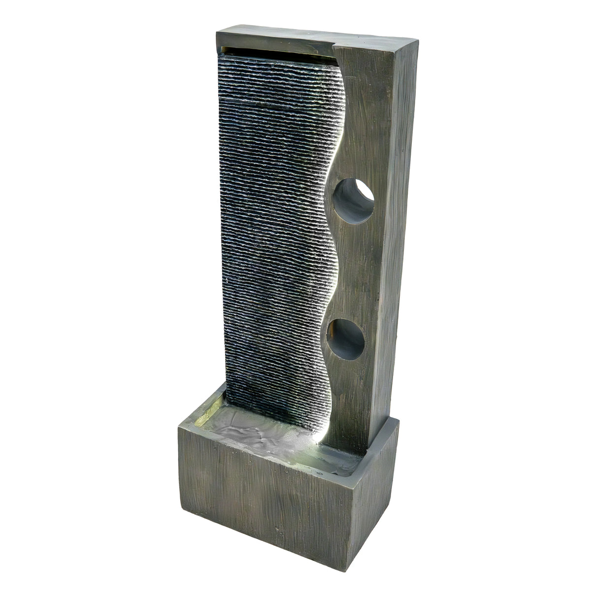Sleek electric water feature in a modern design, featuring a textured gray surface and flowing water for a calming ambiance