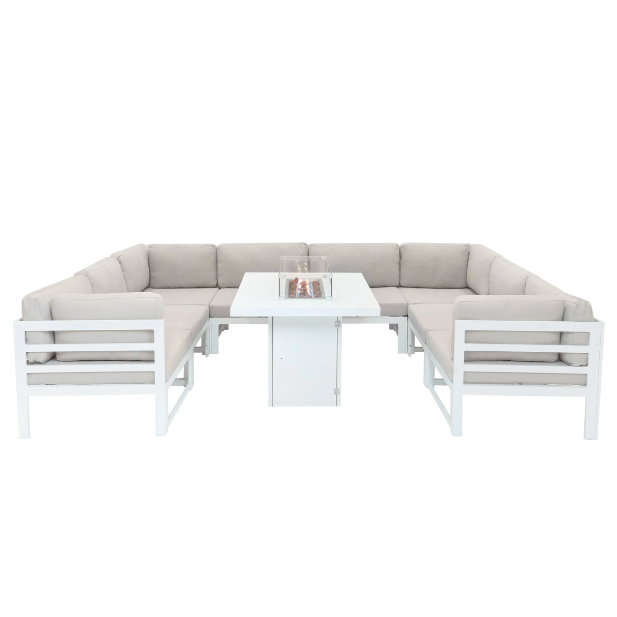 Modular garden furniture set in white with plush beige cushions and a central fire pit, perfect for outdoor relaxation and gatherings