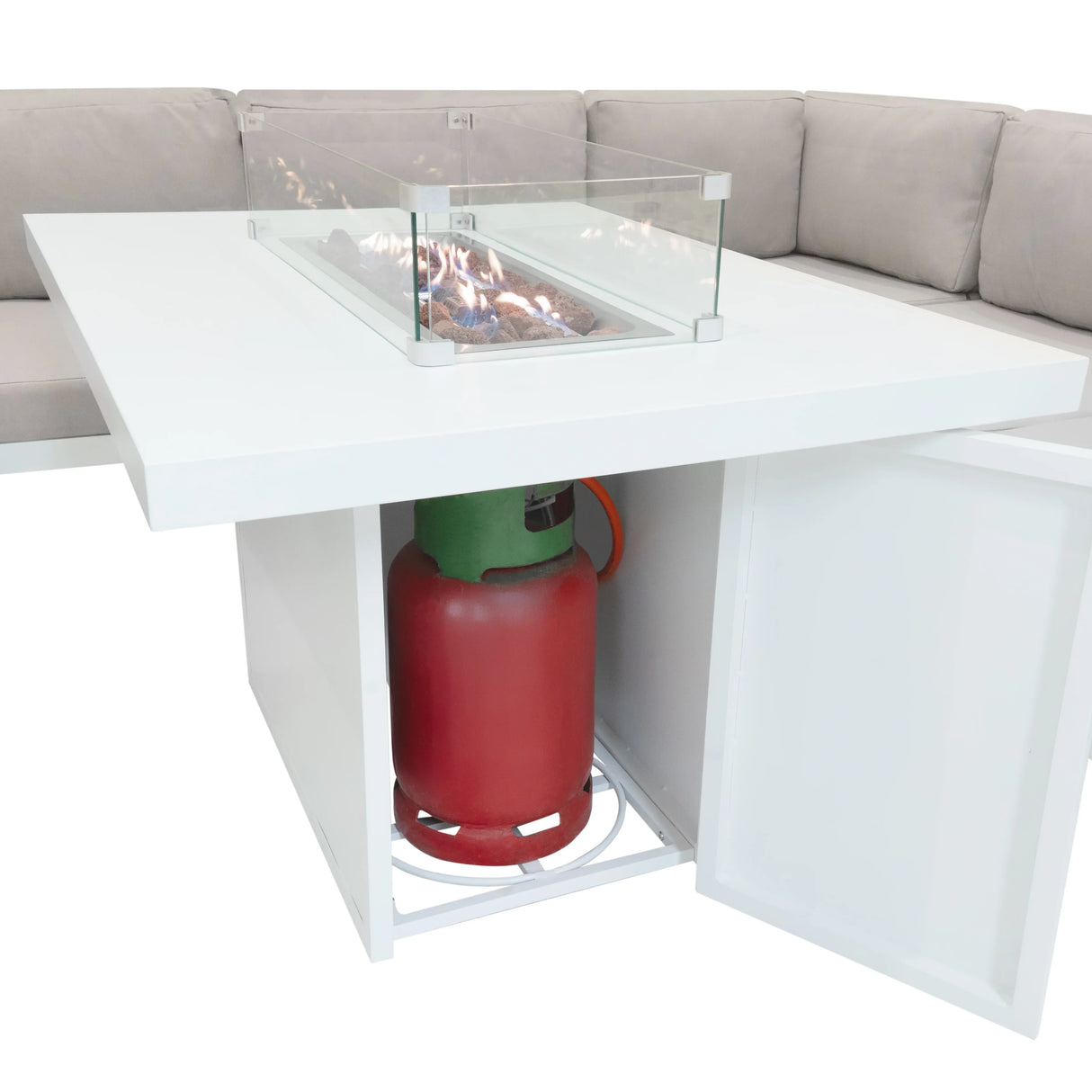 Modular garden furniture set featuring a sleek white table with a glass fire pit, surrounded by soft gray cushions and a hidden gas tank