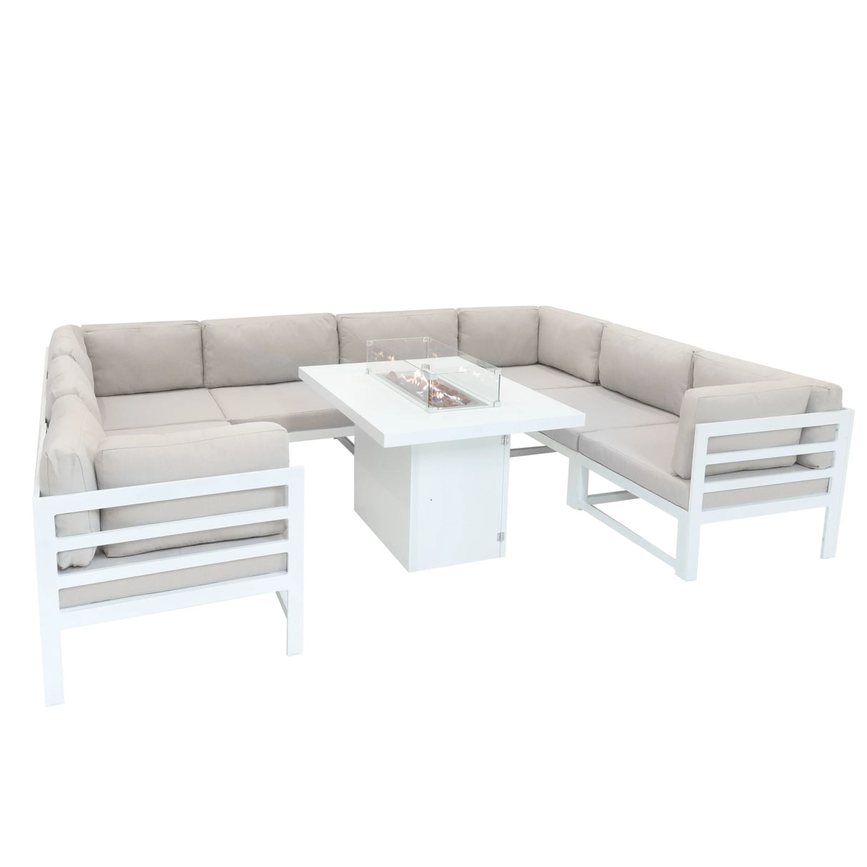Modular garden furniture set in white with plush beige cushions and a central fire pit, perfect for outdoor relaxation and gatherings