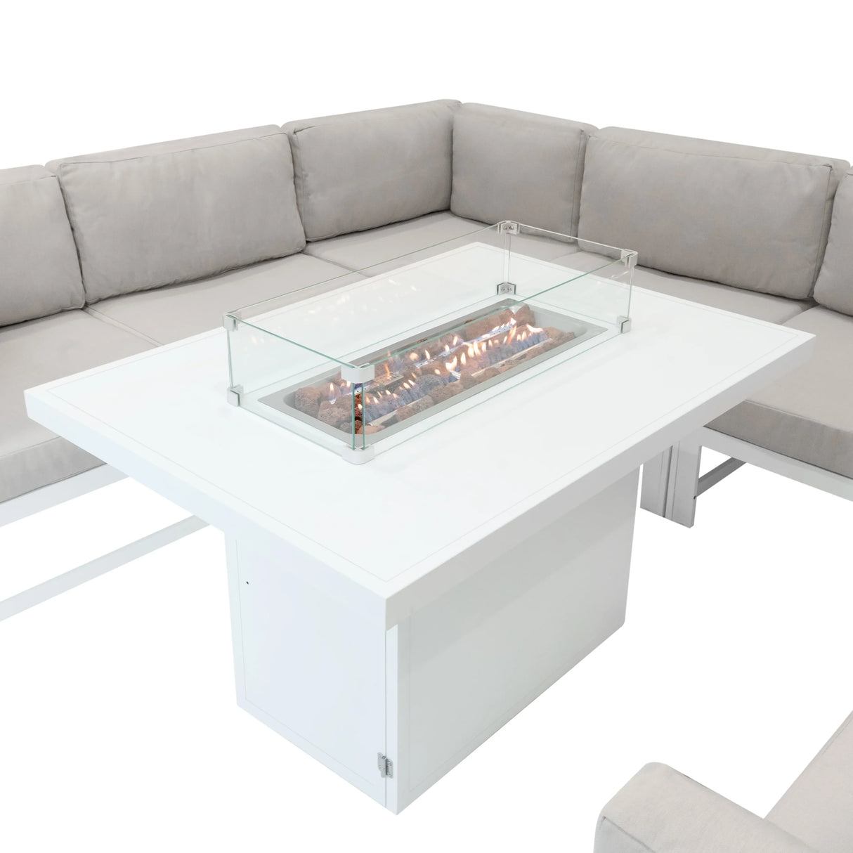 Modular garden furniture set in white with a sleek design, featuring a glass-top fire pit and plush gray cushions for comfort