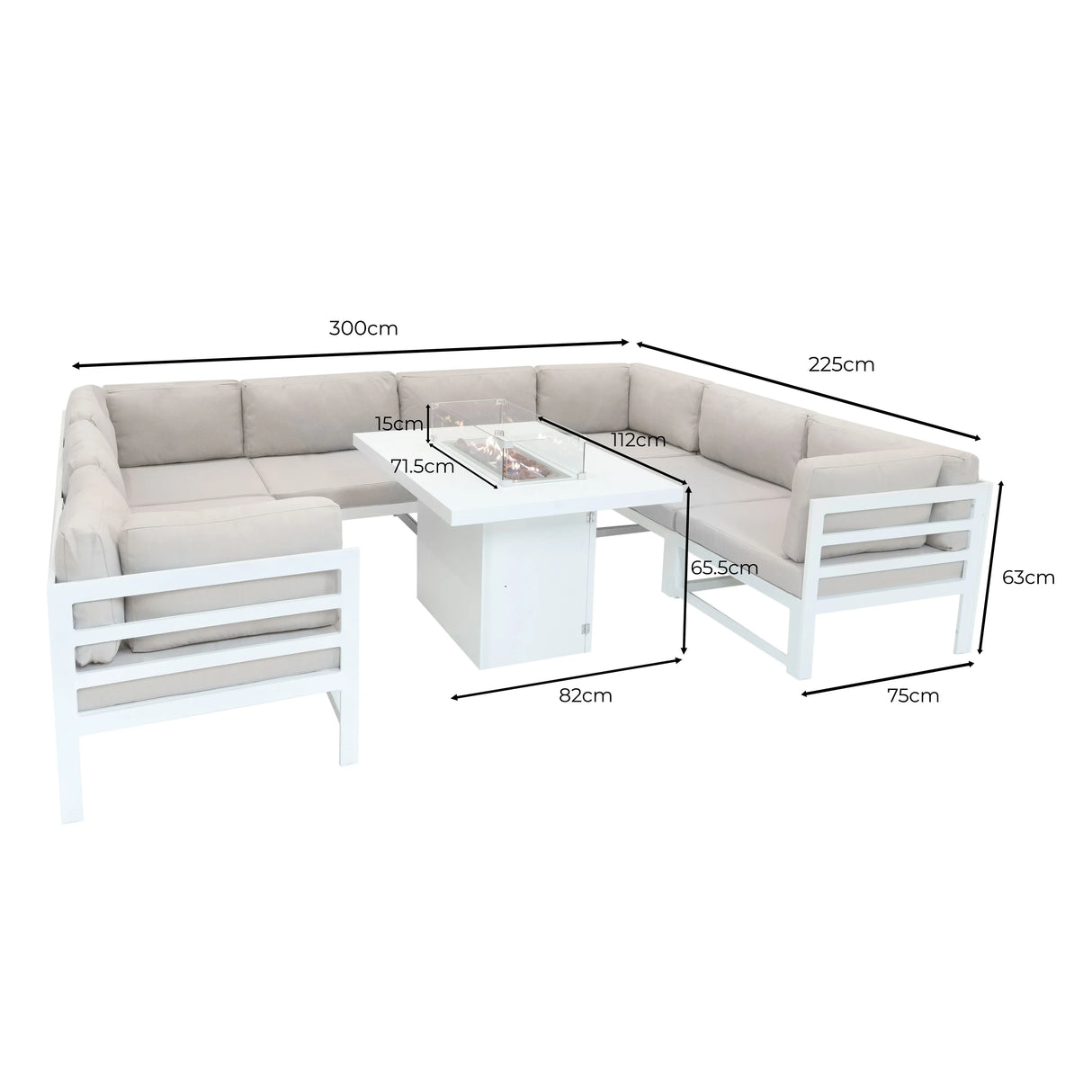Modular white garden furniture set with soft beige cushions and a central fire pit, featuring modern, sleek lines and spacious seating