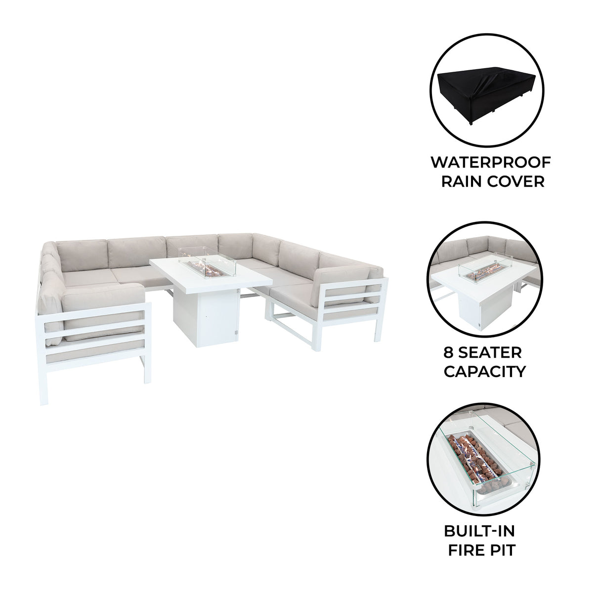 Modular Garden Furniture Set With Fire Pit - White