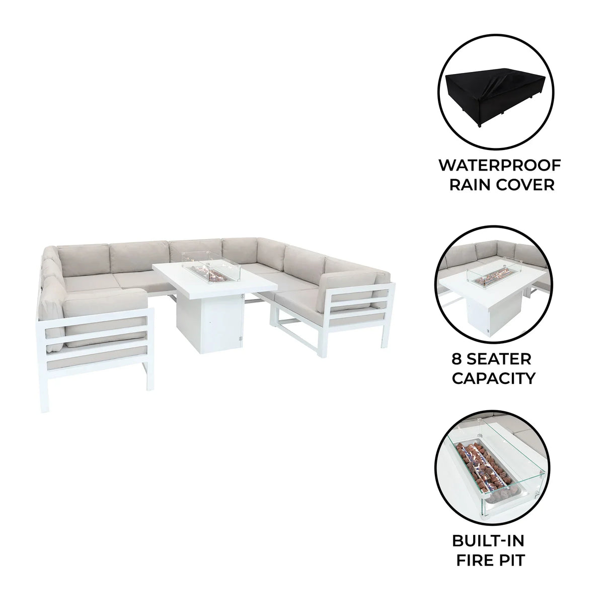 Modular garden furniture set in white with plush beige cushions, featuring a built-in fire pit and spacious seating for eight