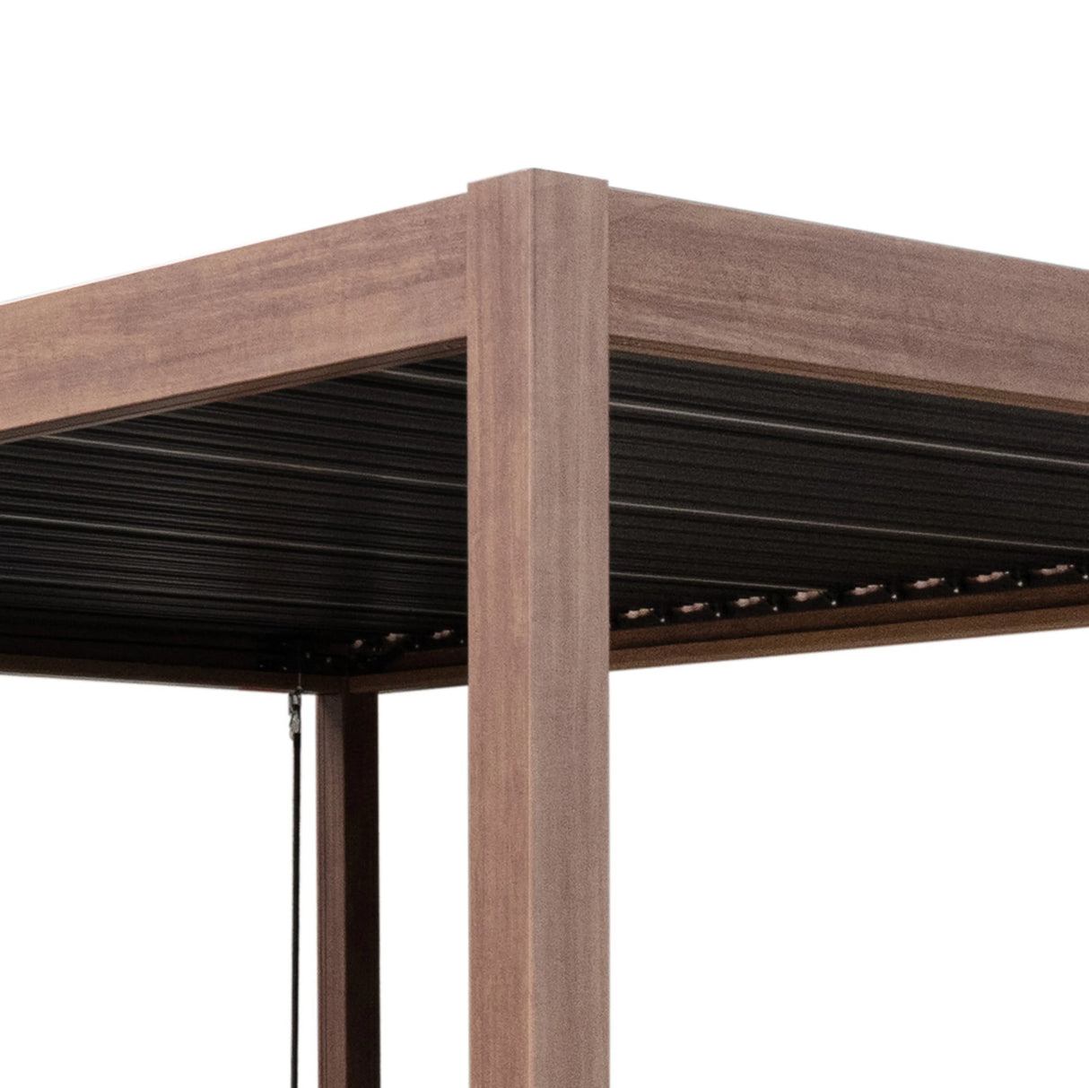 Wood effect aluminium pergola with a sturdy, square frame, featuring a rich brown finish and slatted roof for shade and style