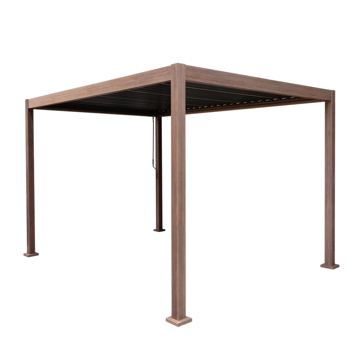 Wood effect aluminium pergola measuring 3m x 3m, featuring a sturdy frame with a textured, natural wood finish and adjustable slats