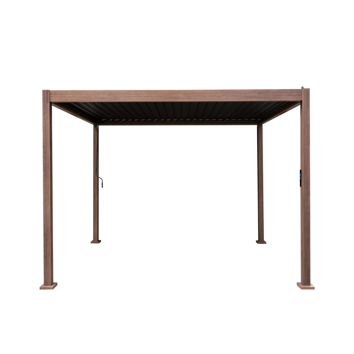 Wood effect aluminium pergola in brown, 3m x 3m, featuring a sleek, modern design with horizontal slats and sturdy posts
