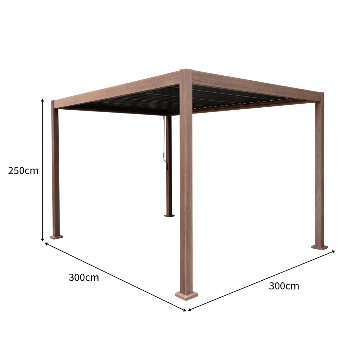 Wood effect aluminium pergola measuring 3m x 3m with a sleek design, featuring a sturdy frame and adjustable slats for shade