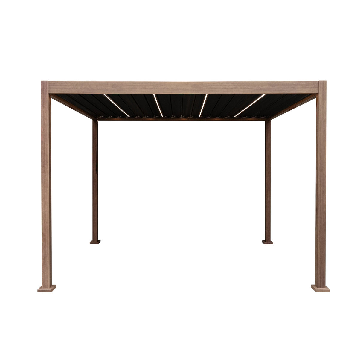 Wood effect aluminium pergola with LED lights, 3m x 3m, featuring a sleek design, dark slatted roof, and sturdy posts for outdoor elegance